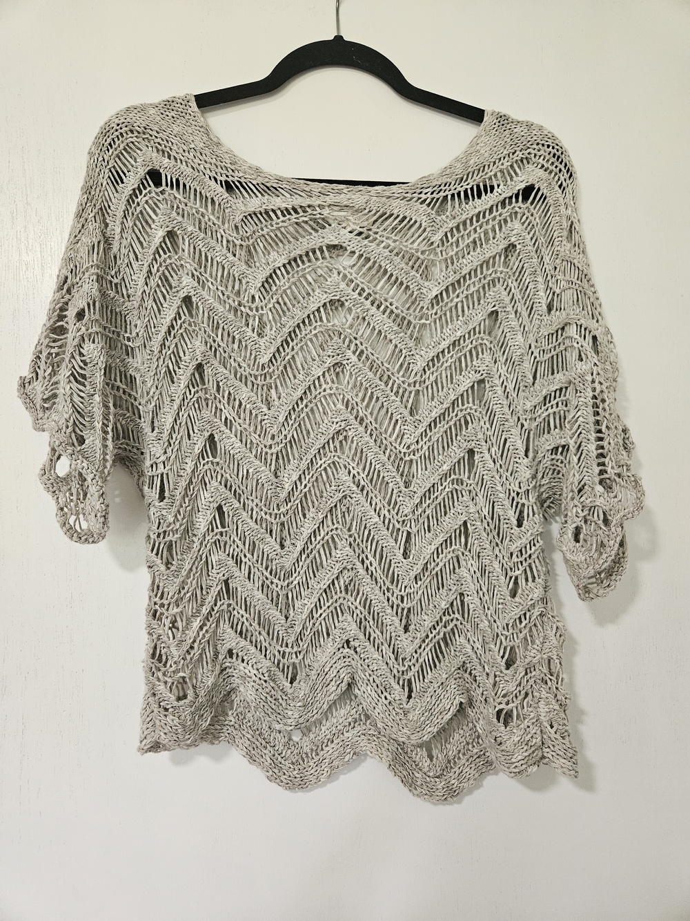 Eileen Fisher Petite Medium Chevron Crochet Knit Scalloped Top Grey Italian Yarn